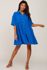 Royal Blue Button Up Cuff Sleeve Dress