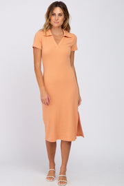 Peach Collared Ribbed Midi Dress