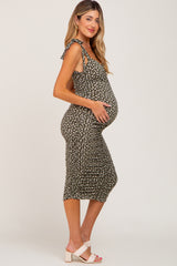 Olive Floral Sleeveless Ruched Maternity Midi Dress