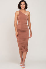 Brown One Shoulder Ruched Midi Dress