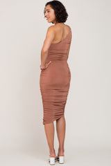 Brown One Shoulder Ruched Midi Dress