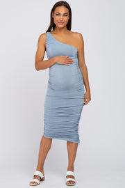 Light Blue One Shoulder Ruched Maternity Midi Dress