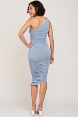 Light Blue One Shoulder Ruched Midi Dress