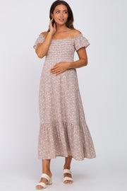 Light Pink Floral Smocked Square Neck Maternity Midi Dress