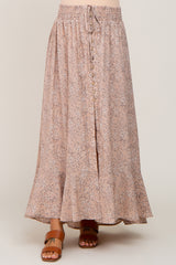 Beige Floral Button Front Smocked Waist Maternity Maxi Skirt