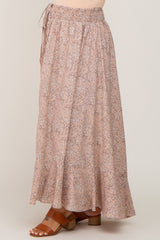 Beige Floral Button Front Smocked Waist Maternity Maxi Skirt