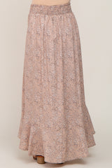 Beige Floral Button Front Smocked Waist Maternity Maxi Skirt