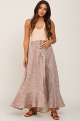 Beige Floral Button Front Smocked Waist Maternity Maxi Skirt