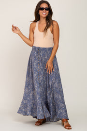 Blue Floral Button Front Smocked Waist Maternity Maxi Skirt