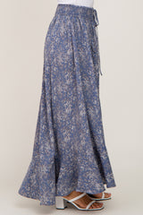 Blue Floral Button Front Smocked Waist Maxi Skirt