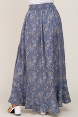 Blue Floral Button Front Smocked Waist Maxi Skirt