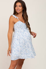 Blue Floral Smocked Ruffle Strap Maternity Mini Dress