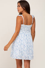 Blue Floral Smocked Ruffle Strap Maternity Mini Dress