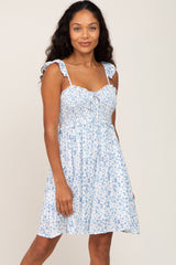 Blue Floral Smocked Ruffle Strap Maternity Mini Dress