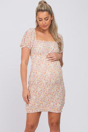 White Floral Square Neck Smocked Bubble Sleeve Maternity Dress