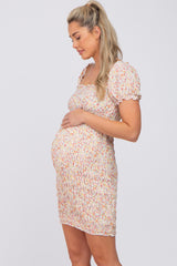 White Floral Square Neck Smocked Bubble Sleeve Maternity Dress