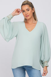 Mint Long Sleeve Crochet Lace Maternity Blouse