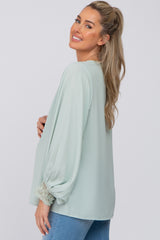 Mint Long Sleeve Crochet Lace Maternity Blouse