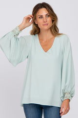 Mint Long Sleeve Crochet Lace Maternity Blouse