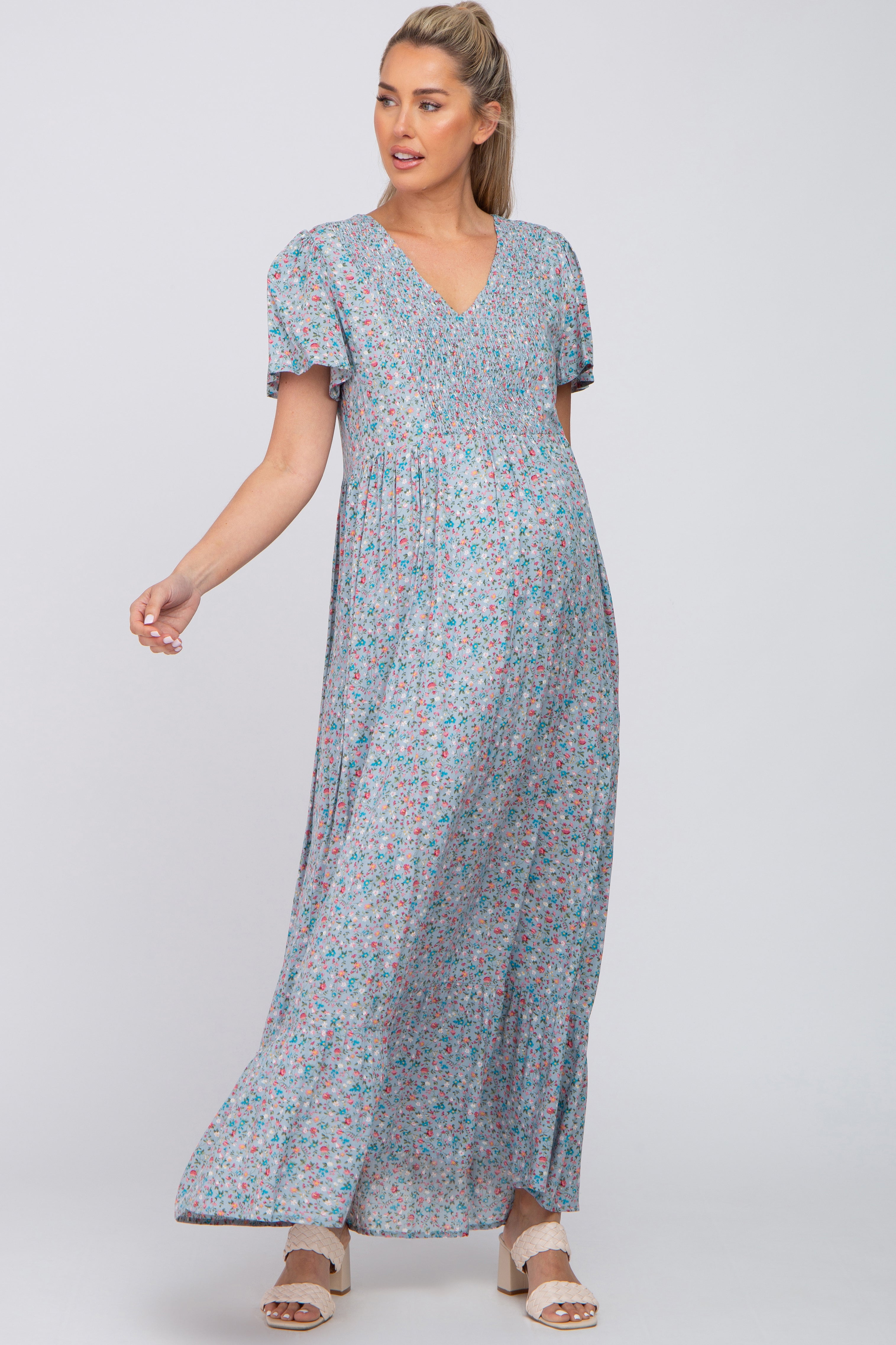 Light Blue Floral Smocked Front Ruffle Hem Maternity Maxi Dress