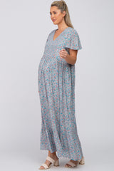 Light Blue Floral Smocked Front Ruffle Hem Maternity Maxi Dress