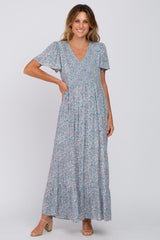 Light Blue Floral Smocked Front Ruffle Hem Maternity Maxi Dress