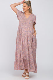 Pink Floral Smocked Front Ruffle Hem Maternity Maxi Dress