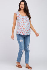 Light Blue Floral Ruffle Strap Maternity Blouse