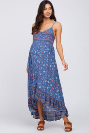 Navy Blue Floral Button Front Hi-Low Maternity Midi Dress