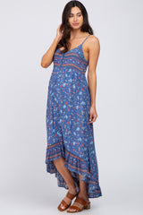 Navy Blue Floral Button Front Hi-Low Maternity Midi Dress