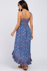 Navy Blue Floral Button Front Hi-Low Maternity Midi Dress