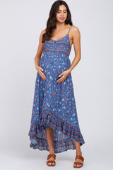 Navy Blue Floral Button Front Hi-Low Maternity Midi Dress