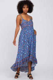 Navy Blue Floral Button Front Hi-Low Midi Dress