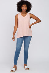 Peach Sleeveless Ribbed V-Neck Top