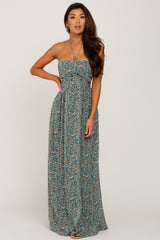 Forest Green Floral Chiffon Side Cutout Halter Maxi Dress