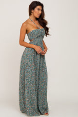 Forest Green Floral Chiffon Side Cutout Halter Maxi Dress