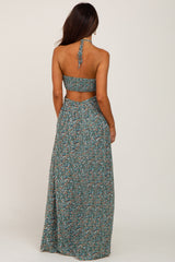 Forest Green Floral Chiffon Side Cutout Halter Maxi Dress