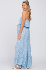 Light Blue Floral Paisley Ruffle Strapless Maternity Jumpsuit