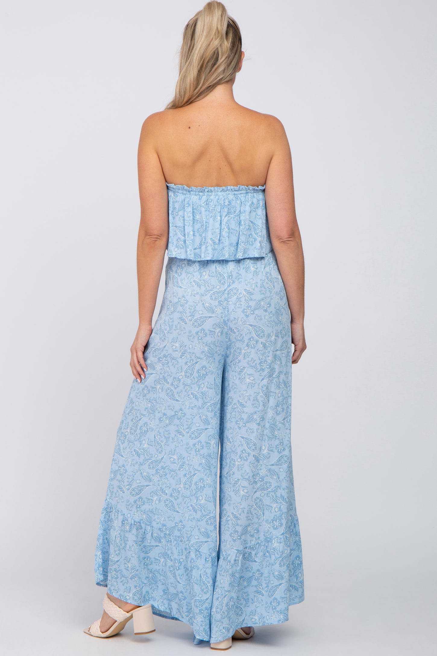 Light Blue Floral Paisley Ruffle Strapless Maternity Jumpsuit – PinkBlush