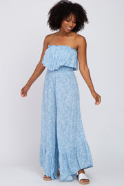 Light Blue Floral Paisley Ruffle Strapless Jumpsuit