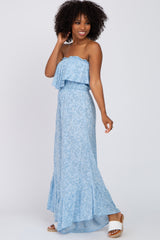 Light Blue Floral Paisley Ruffle Strapless Jumpsuit