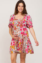 Fuchsia Floral Square Neck Ruffle Tiered Maternity Dress