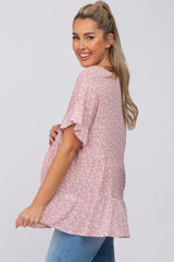 Mauve Floral Ruffle Short Sleeve Tiered Maternity Top