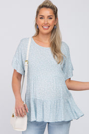 Light Blue Floral Ruffle Short Sleeve Tiered Maternity Top