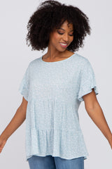 Light Blue Floral Ruffle Short Sleeve Tiered Maternity Top