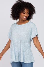 Light Blue Floral Ruffle Short Sleeve Tiered Top