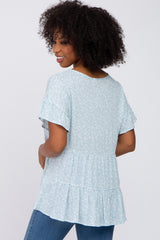 Light Blue Floral Ruffle Short Sleeve Tiered Top