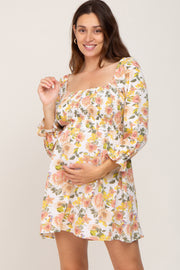 Ivory Floral Square Neck Smocked Maternity Mini Dress