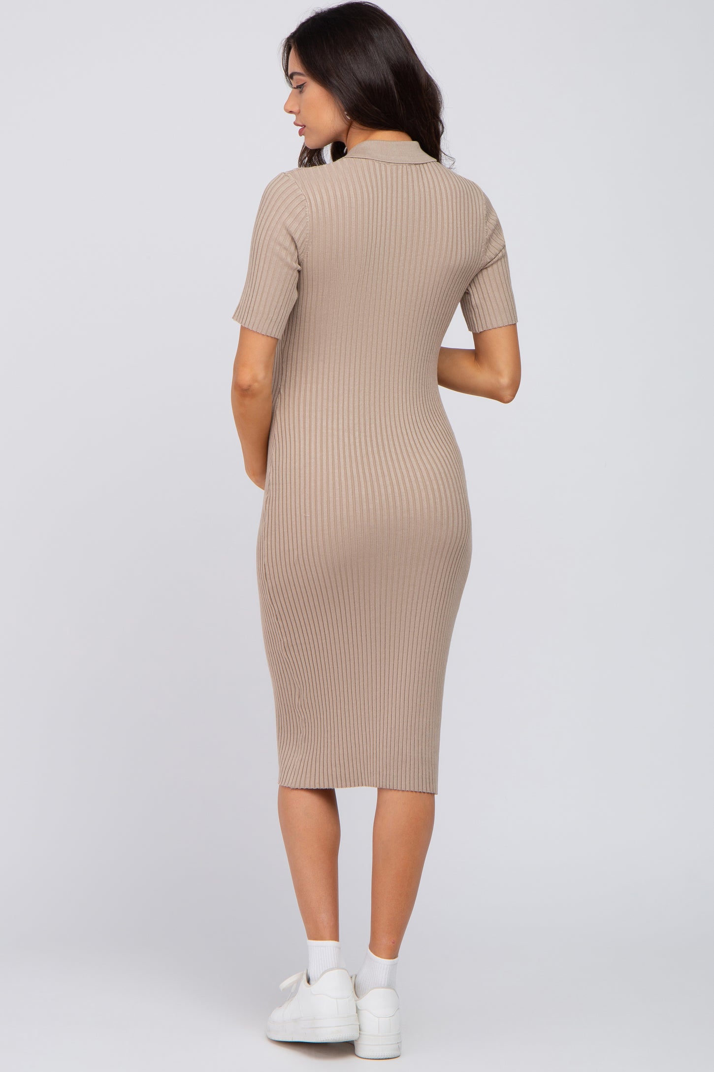 Beige Ribbed Fitted Collared Maternity Dress– PinkBlush