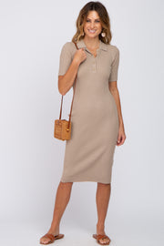 Beige Ribbed Fitted Collared Dress